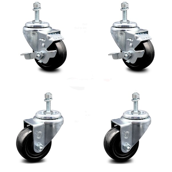 Service Caster 3.5 Inch Hard Rubber Wheel Swivel 3/8 Inch Threaded Stem Caster Brakes SCC, 2PK SCC-TS20S3514-HRS-381615-2-TLB-2 - main